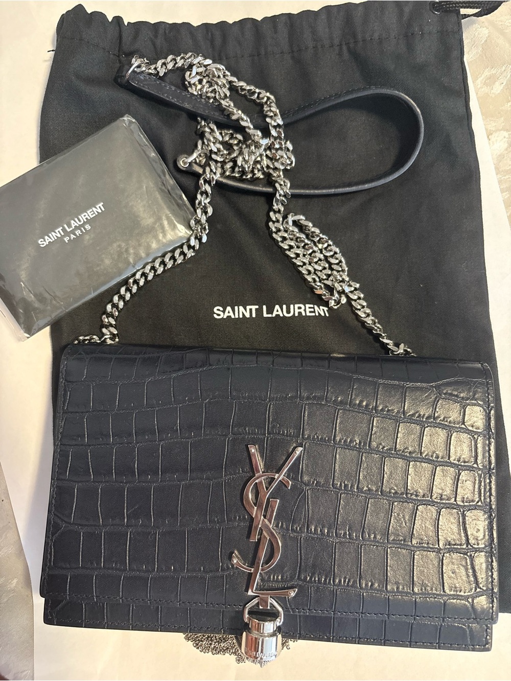Saint Laurent Navy Croc-Embossed Leather Chain Shoulder Bag